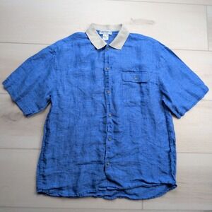 VTG Bullock & Jones Shirt Mens M Blue Flax Linen Short Sleeve Made in Italy